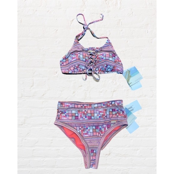 Nwt Sunseeker Australia Bikini Swim Halter Lace Up Top Cutout High Waist Bottoms - Picture 4 of 12